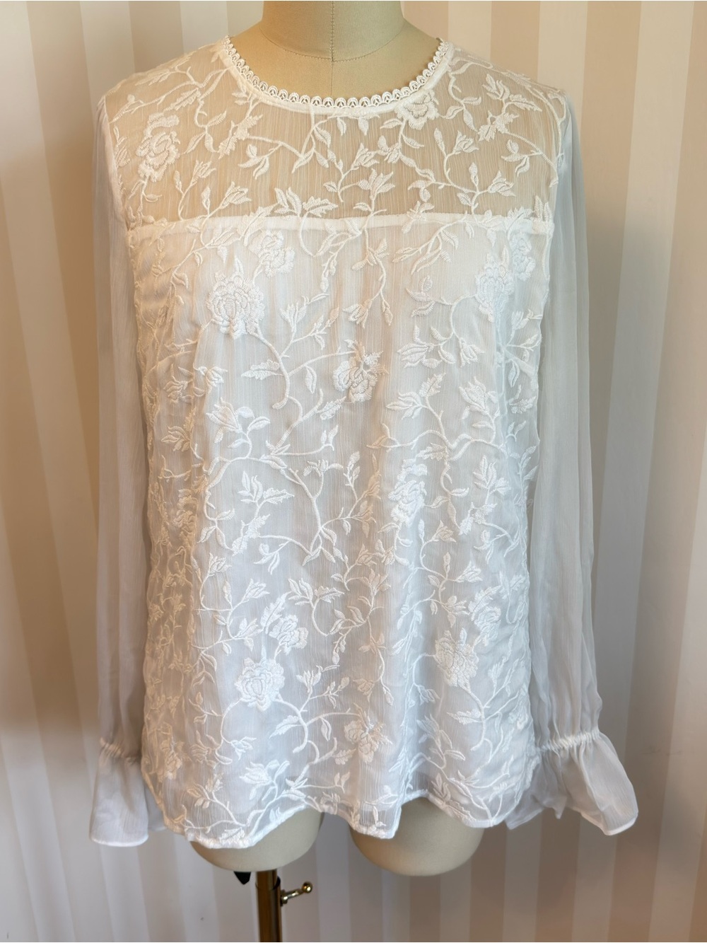 White House Black Market White Embroidered Sheer Floral Blouse